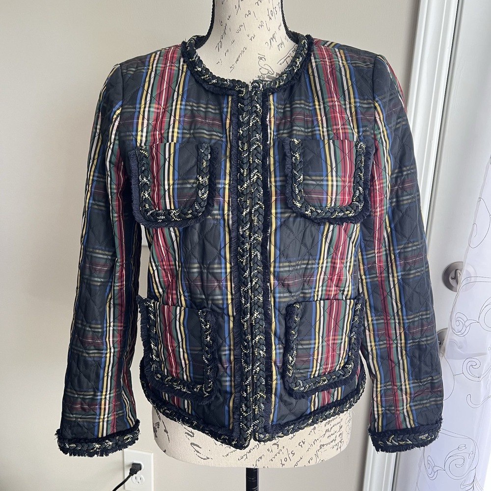 J.‎ Crew Quilted Lady Jacket Sz 6 Tartan Plaid Braided Trim Classic Old Money